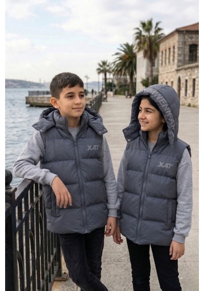 Pina Kids Unisex Çıtçıt Kapüşonlu Baskılı Şişme Yelek Füme