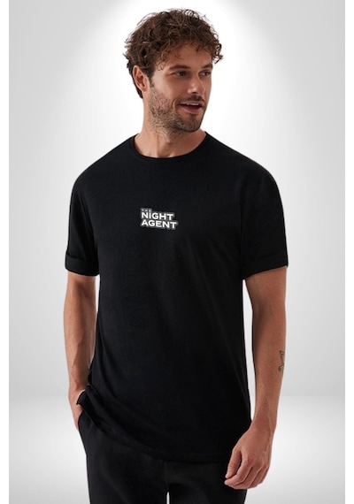 The Night Agent Siyah Oversize Unisex Ön Orta Minimal Baskılı Tişört Siyah
