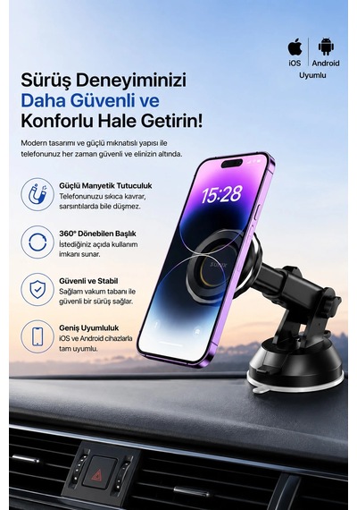 Exenar - Siyah - Araç Torpido Cam 360 Dönen Magsafe Telefon Tutucusu Manyetik Mıknatıslı Telefon Tutacağı Holder