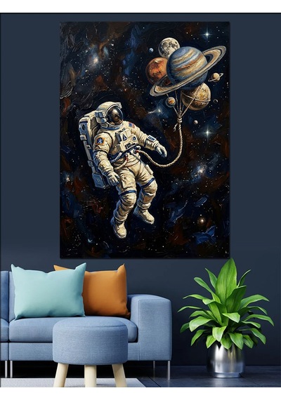Gezegen Balonlu Astronot Uzay Yürüyüşü Dekoratif Kanvas - Mdf Ahşap Tablo Çok Renkli