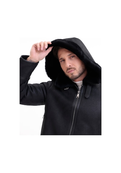 M M Marki Marki Hakiki Deri Erkek Mont Siyah İçi Kürklü Çıkma Kapüşonlu Fermuarlı 70 Cm - 507722