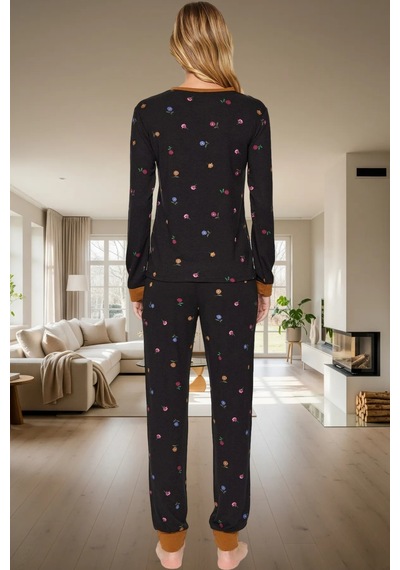 Ersefa Rahat Kesim %100 Pamuk Çiçek Desenli Pijama Takımı Modern Stil Gü Siyah