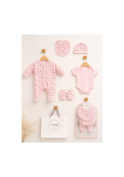 Omeca Concept 5'li Bebek Giyim Seti Kiraz Desenli Pembe Tulum, Body, Şapka, Önlük Ve Eldiven