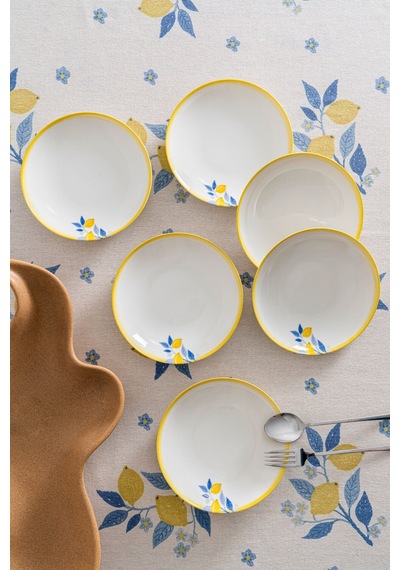 Limon Desenli 20 Cm Premium Porselen Yemek Tabağı - 6 Adet Beyaz - Sarı