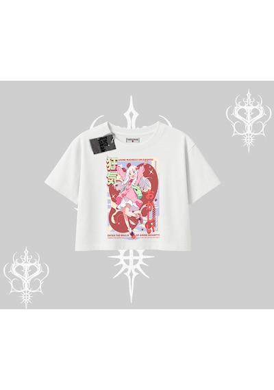 Tarzsokak Oversize Crop Tshirt Madness Unleashed Anime Girl Baskılı Beyaz