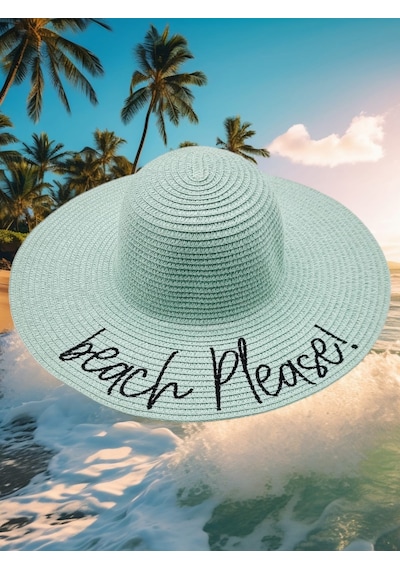 Tezzgelsin Kadın Beach Please Nakış İşlemeli Hasır Şapka Su Yeşil Su Yeşili