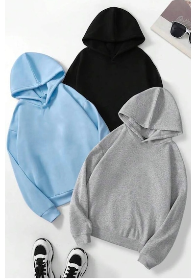 Uyguntarz Unisex Düz 3' Lü Baskısız Kapüşonlu Oversize Sweatshirt Gri