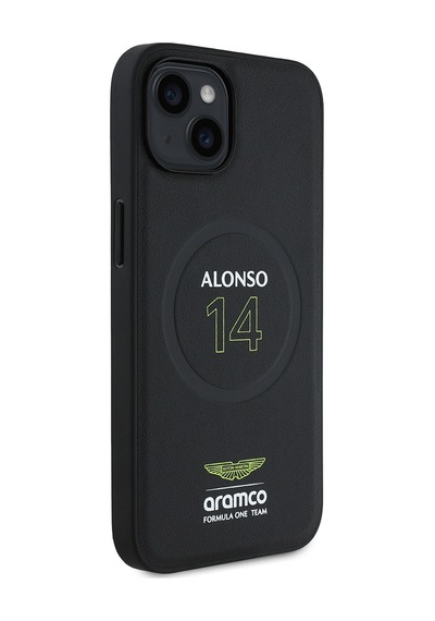 Apple Uyumlu iPhone 14 Kılıf Aston Martin Lisanslı Magsafe Şarj Özellikli Pu Deri Alonso 14 Baskılı Kapak Siyah