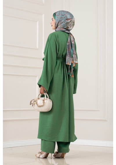 Sevitli Düğmeli Davin Abaya İkili Takım-yeşil-5878