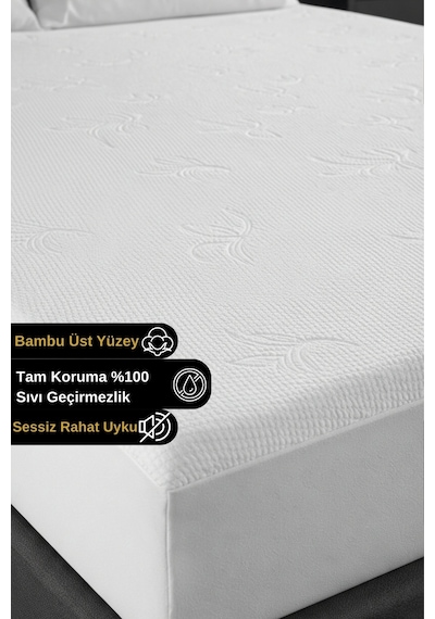 Safir Bambu Sıvı Su Geçirmez Tek Çift Kişilik Yatak Alezi Koruyucu Çarşaf Sessiz Fitted Full Kenar Beyaz