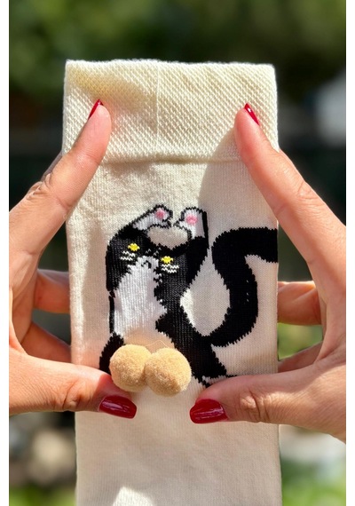 Lousocks Unisex Bej Sırtı Dönük Kedi Desenli Ponpon Soket Çorap