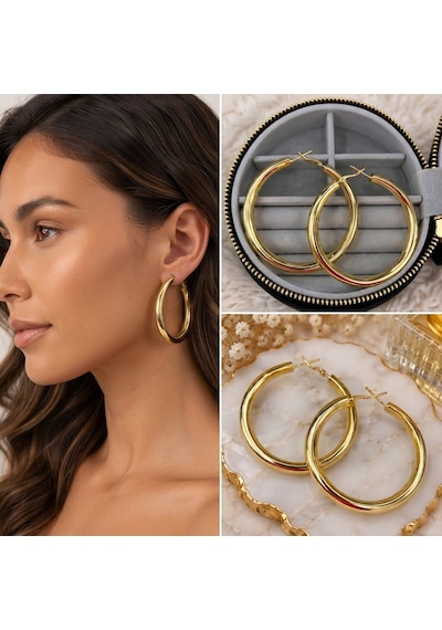 Premium Parlak Ve Şık Klasik Gold Renk Büyük Halka 316l Çelik Kadın Küpe Altın