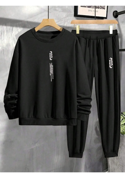 Erkek Siyah Dikey Baskılı Oversize Bisiklet Yaka Eşofman Takımı 001