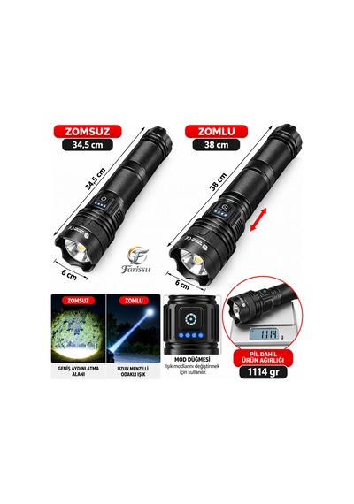 20000 Lümen Şarjlı Led El Feneri, 2-3 Km Menzilli, Zoomlu, 5 Modlu, Powerbank Özellikli Siyah