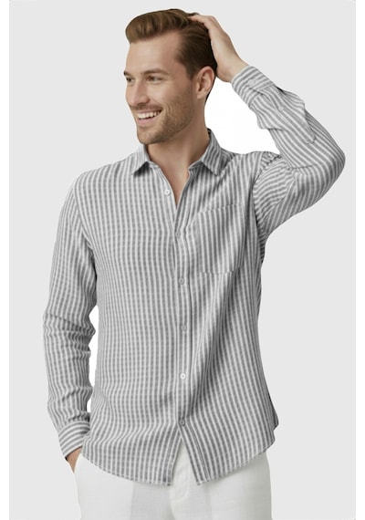 Rizzup Gri Slim Fit %100 Pamuk Çizgili Erkek Gömlek Cepli Yazlık Yeni Sezon Gömlek 2602627