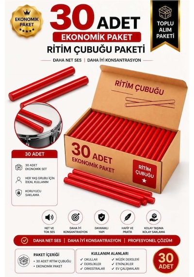 Midex Örf-bt-25rd-15x Kırmızı Ritim Çubuğu Örf Aletleri Seti 25 Cm Karbon Fiber Toptan Paket 15 Çift Tek Renk