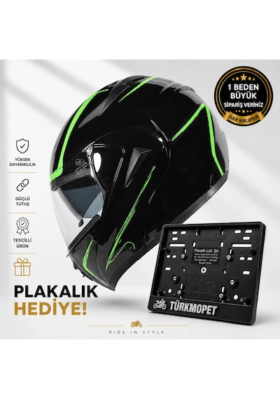 Vrt Çene Açılır Güneş Vizörlü Kask + Plakalık Siyah-yeşil