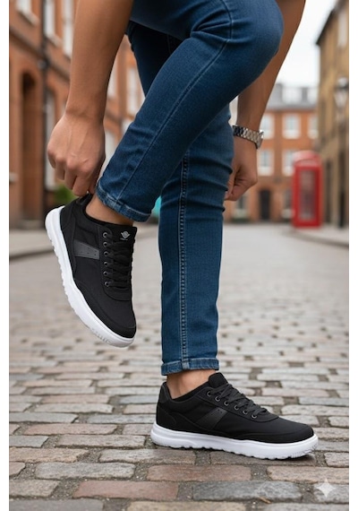 Fort 0226 Dks Keten Rahat Hafif Sneaker Erkek Ayakkabı Siyah - Beyaz