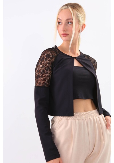 Vitrin Kolları Dantel İşlemeli Crop Ceket Siyah