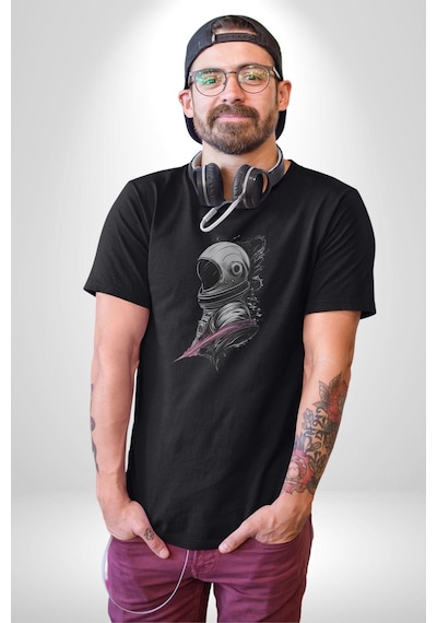 Astronot Kafası Unisex Unisex Siyah Organik Baskılı T-shirt Penye Yüksek Kalite Siyah