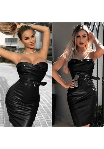 Fashion Cocktail Düğmeli Sexy Dar Suni Deri Dekoratif Düğmeli Kemerli Gece Elbise Siyah