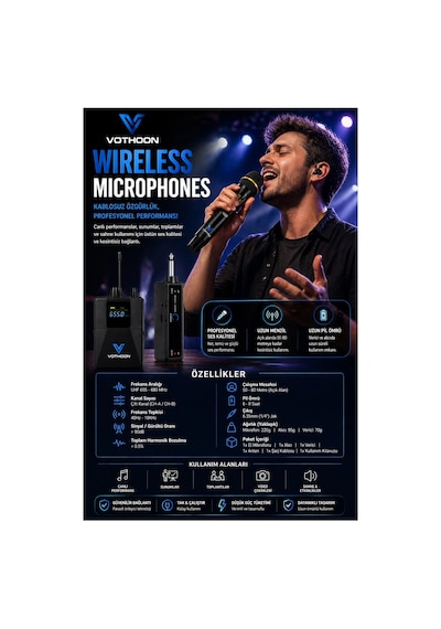 Wireless Mikrofon Sistemi Uhf Kablosuz El Mikrofonu Profesyonel Ses Performansı 50 Mt Menzil Belirtilmemiş