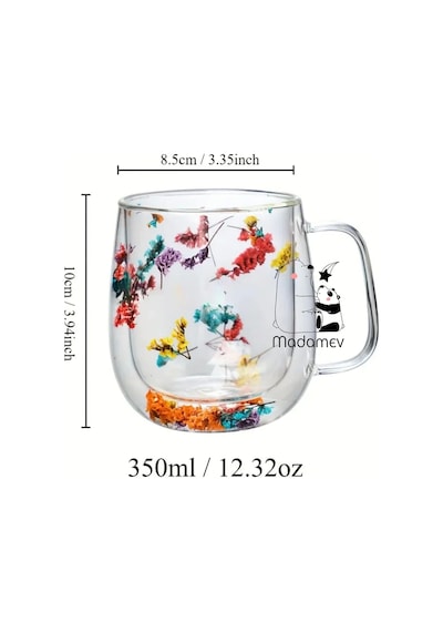 6'lı Çift Çidarlı Flower Cup Çiçekli El Yapımı Borosilikat Bardak 350 Ml Kulplu Kahve Sunum Bardağı Çiçekli