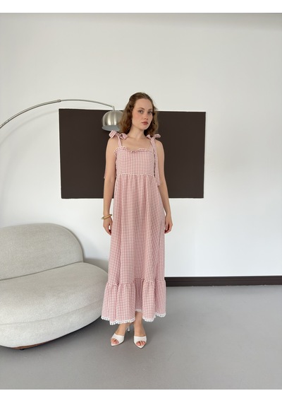Verymoda Kadın Pötikare Desenli Askı Bağlama Detaylı Maxi Elbise D3108 Pudra