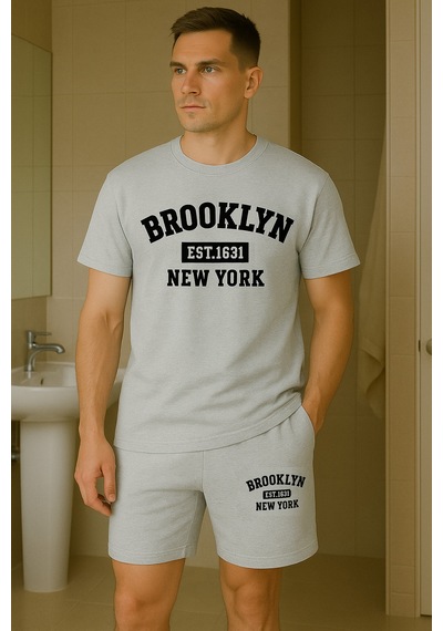 Unisex Brooklyn Baskılı Bisiklet Yaka Gri T-shirt Gri Şort Gri