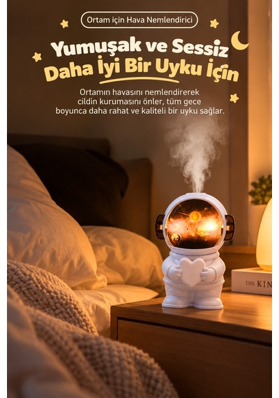 Exenar - Beyaz - Çocuk Odası Nemlendirci Gece Lambası Astronot Tasarımlı Hava Nemlendirici 220 Ml İnce Buhar Teknolojili Dekoratif