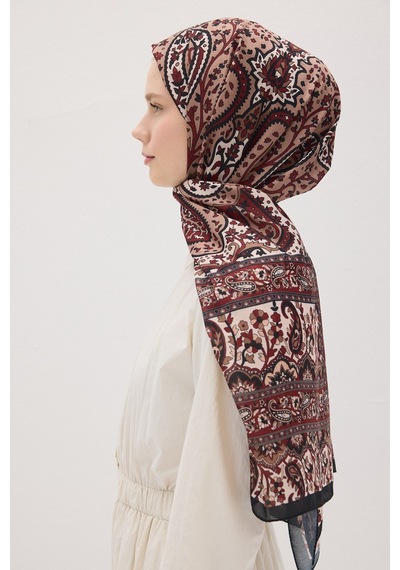 Mirsoy Scarf Almira Pamuk Etnik Desen Şal Açık Bordo