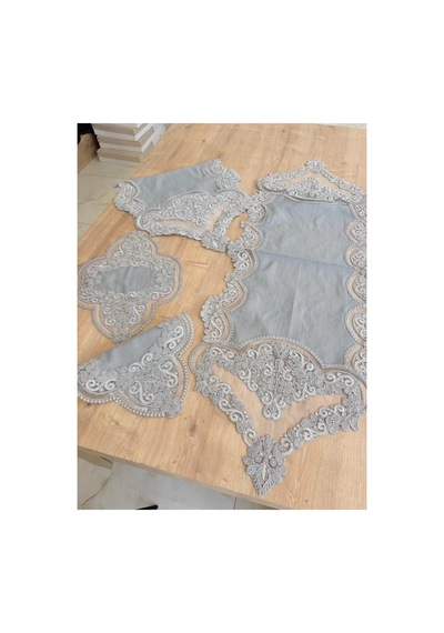 Salon Takımı Çeyizlik Gri Runner Set 5 Parça Keten Masa Örtüsü Runneri Gerdan Bzckh1960 Çok Renkli