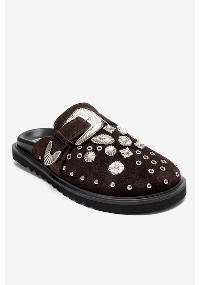 Luvishoes Maril Kahverengi Süet Hakiki Deri Kemerli Tokalı Burnu Kapalı Kadın Terlik Kahverengi