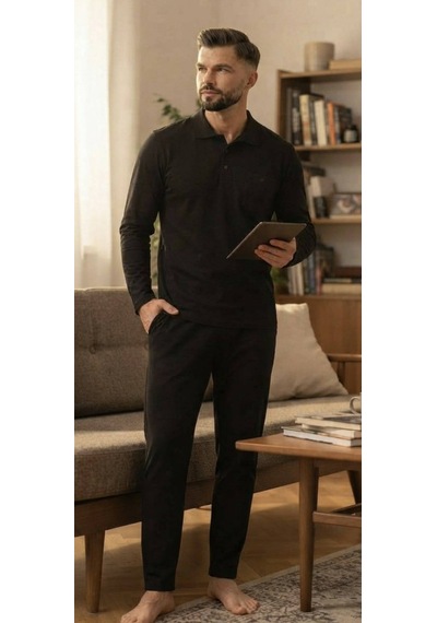 Erse %100 Pamuk Selanik Örme Uzun Kol Erkek Pijama Takımı Kışlık - 9019399256128 Siyah