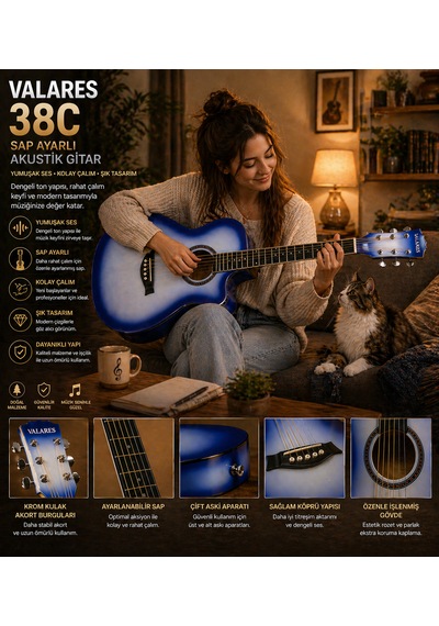 Valares 38c Kesik Kasa Sap Ayarlı Akustik Gitar 38 4/4 Full Aksesuar Hediyeli Mavi Sunburst Blue Sunburst