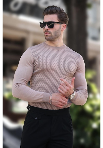 Madmext Bej Desenli Erkek Triko Kazak 7266 Bej