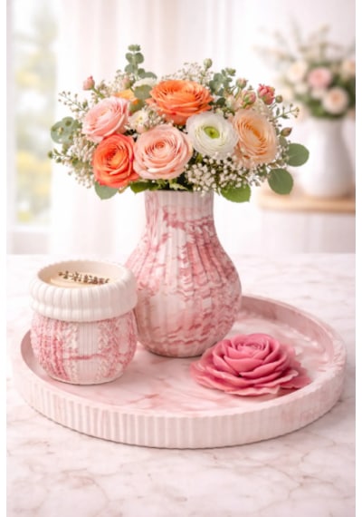 Rose Marble Dekoratif Vazo & Kokulu Mum Seti Kırmızı-beyaz