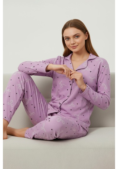 Süet Gömlek Pijama Takımı 7108 Çiçekli Pembe Pembe
