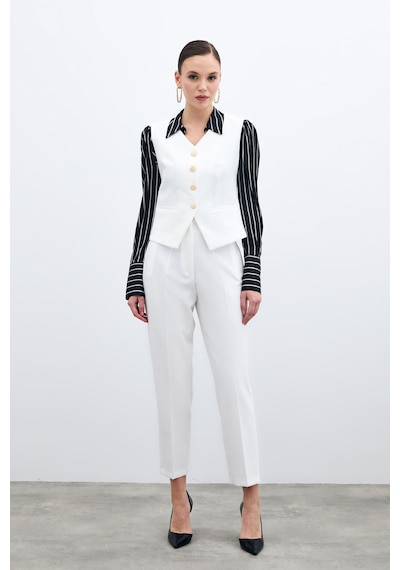 Sateen Yüksek Bel Pensli Pantolon - Ekru-135709 Ekru