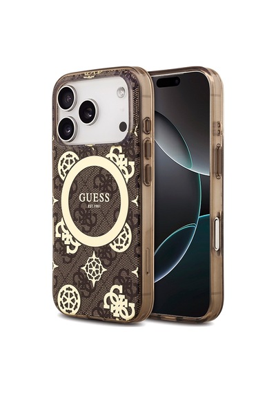 Apple iPhone Uyumlu 18 Pro Max Kılıf Guess Lisanslı M-safeli Iml Peony Ve 4g Desenli Klasik Logolu Kahverengi