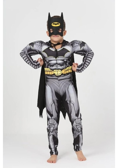 Life For Moda Erkek Çocuk Batman Pelerinli Ve Maskeli Kaslı Çocuk Kostümü Siyah