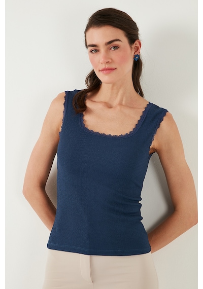 Lela Slim Fit Kalın Dantelli Kare Yaka Bürümcük 2'Li Paket Bayan Atlet 5864979S2 Indigo-Vişne