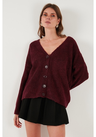 Lela Oversize Fit Düğmeli V Yaka Uzun Kollu Triko Bayan Hırka 4616232 Bordo