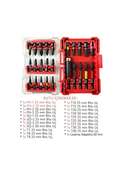 Mucit Home Kırmızı 25 Parça Bits Uç Somun Adaptörü Ve Uzatma Adaptörlü Set Özel Kutulu