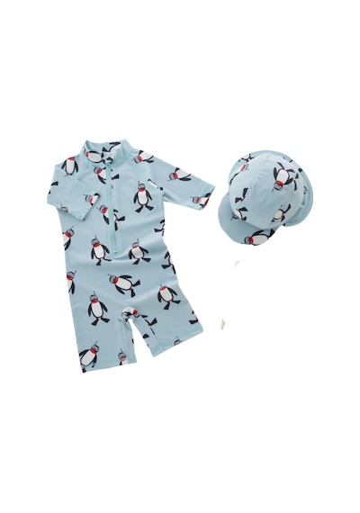 Erkek Çocuk Mayo Upf50+ Güneş Korumalı Penguen Desenli Şapka Mayo Set Mavi