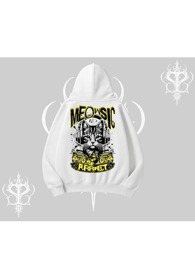 Startmore Meowsic Purrfect Kedi Arka Baskılı Kapşonlu Sweatshirt Beyaz