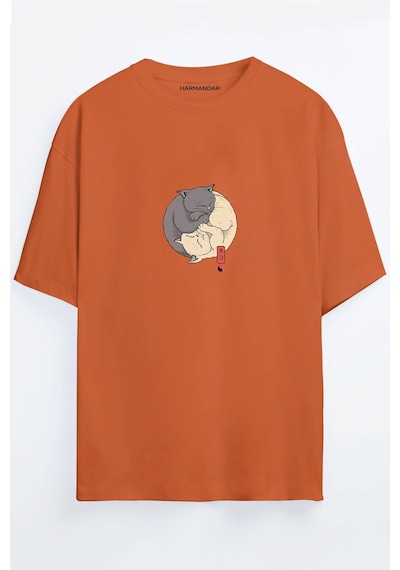 Ying Yang Kedi Baskılı Unisex Turuncu Oversize T-shirt Turuncu