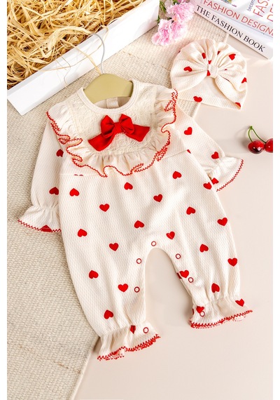 Babymod Kalp Desenli Şapkalı 100% Pamuk Kız Bebek Tulum Kırmızı