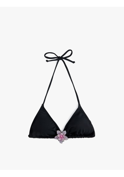 Koton Taşlı Çiçek Aksesuar Detaylı Üçgen Bikini Üstü Siyah 6sak10040mm Siyah