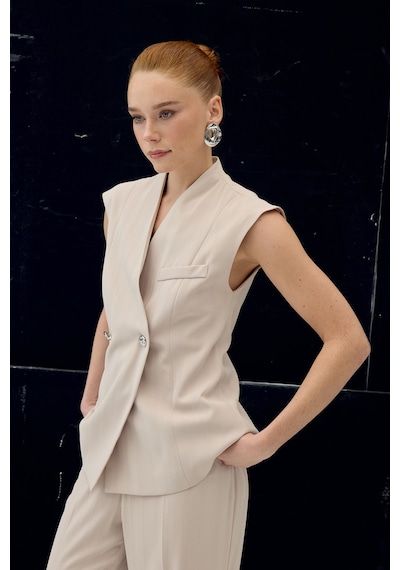 Sateen Anna Çizgili Yelek - Bej-137102 Bej